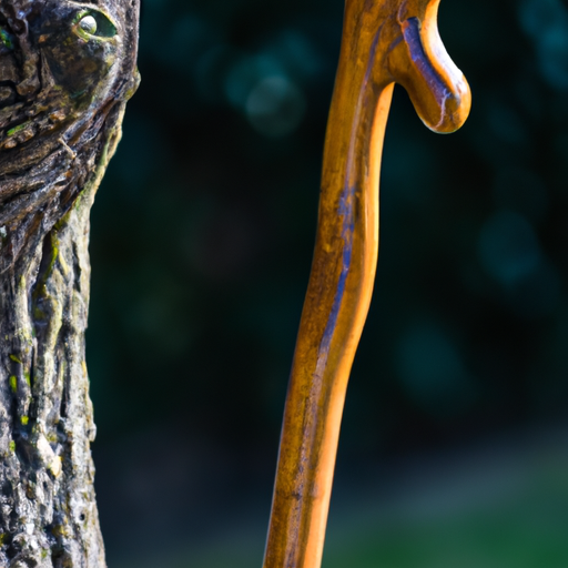 תמונת תקריב של מקל הליכה מעץ מגולף להפליא נשען על עץ.